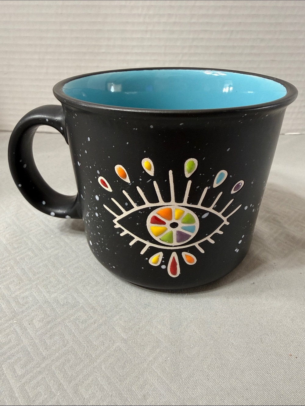 Evil Eye Black Ceramic Campfire Mug Cup Blue Interior Boho Celestial 18oz